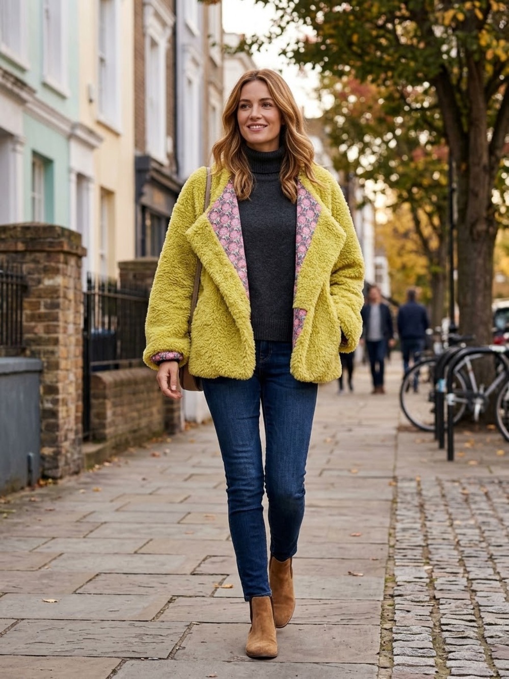 Umgee Lime Faux-Shearling Puffer Jacket with Pink Lining